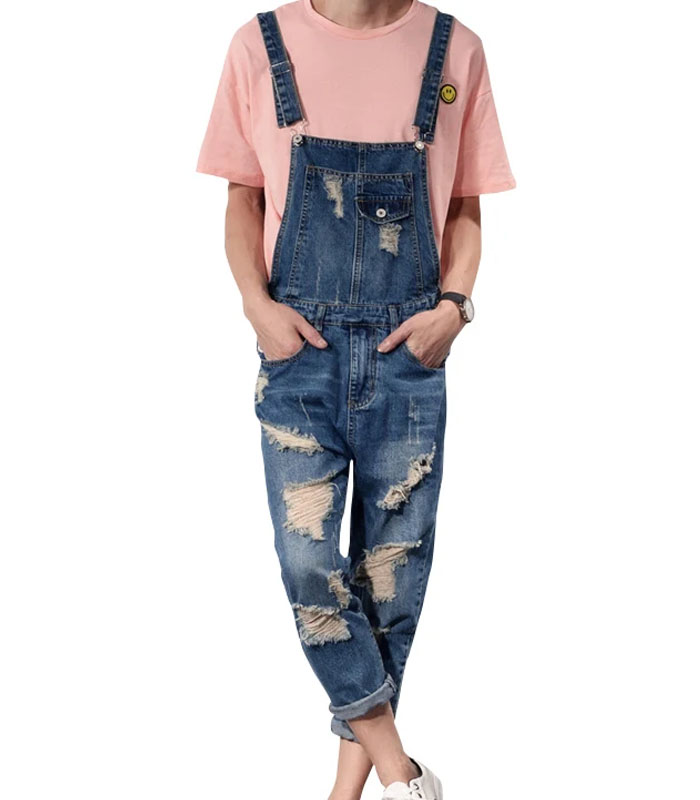 New Mens Bib Denim Overalls ripped Fashion Ankle Length Overalls