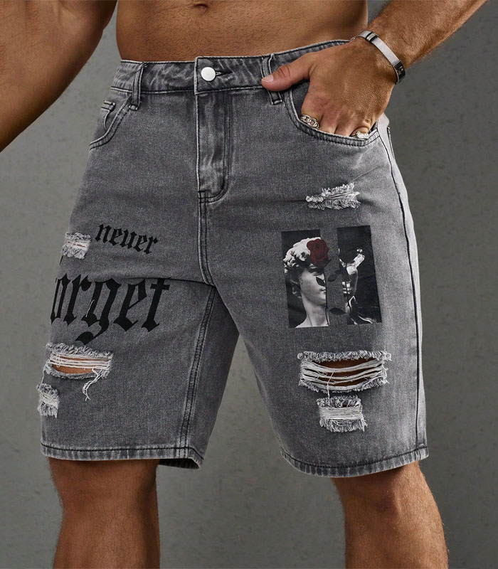 Men's Letter Printed Distressed Denim Shorts  With Pockets