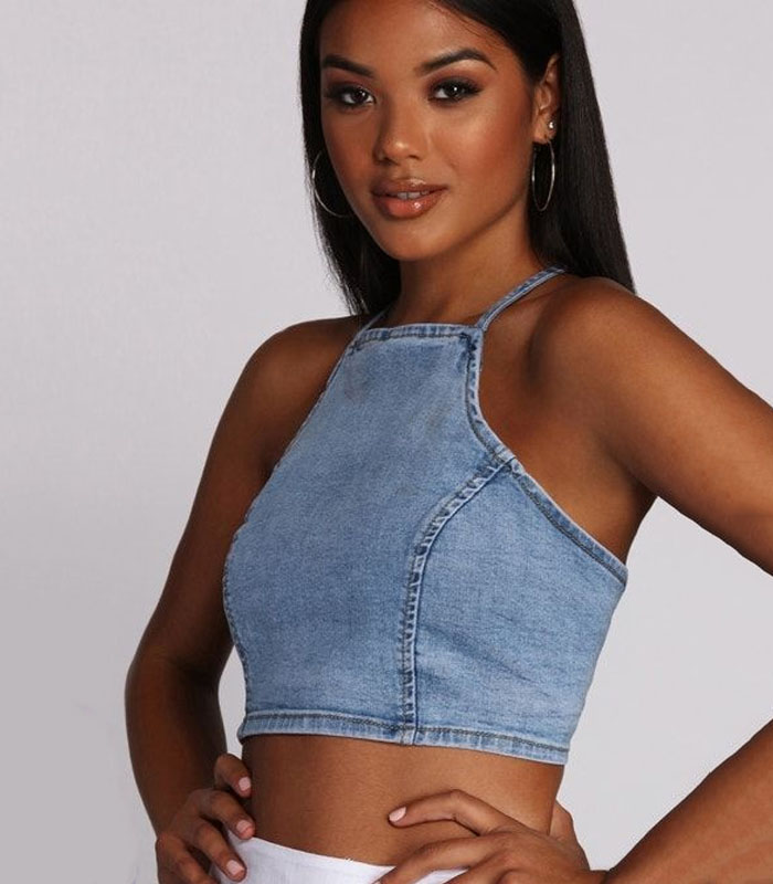Light Wash Corset-Lace-Up Denim tops