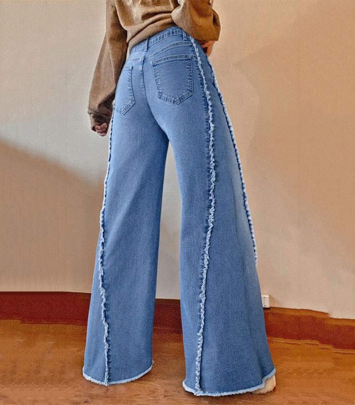 Beau Blue Vintage Stitching Raw Hem Flared Jeans - BEAU BLUE
