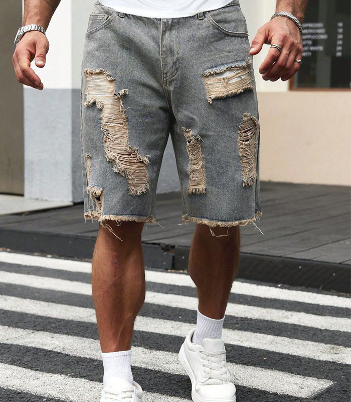 Plus Size Men Casual Simple Style Denim Shorts, Suitable For Summer Men S Ripped Shorts