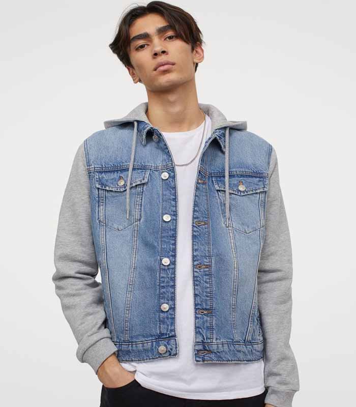 Men's Distressed Denim & Hoodie Fake Layered Jacket (Light Blue)