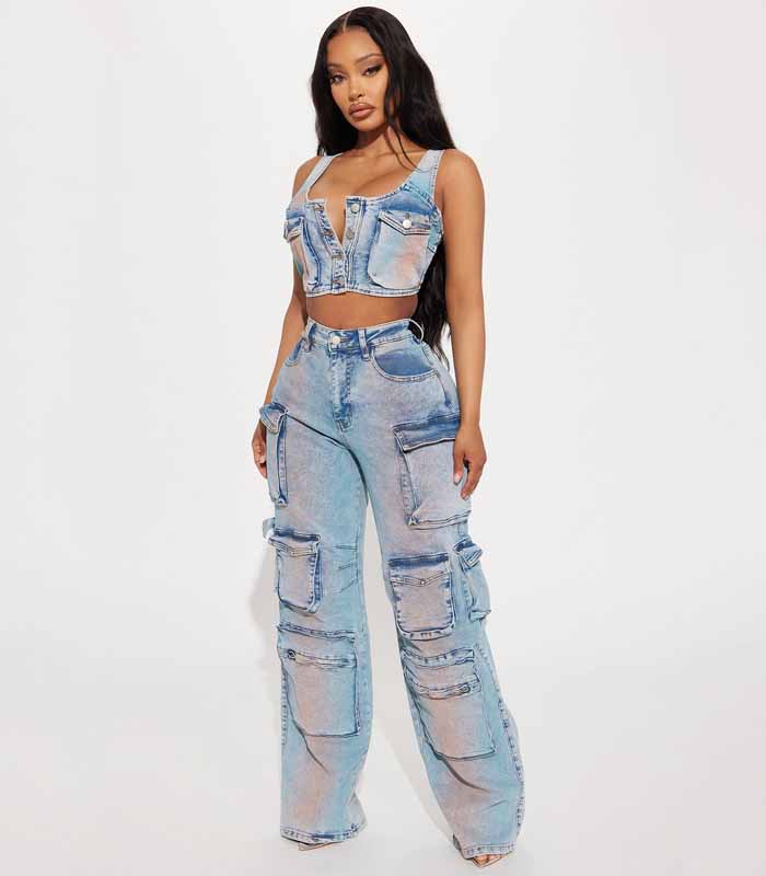 Women's Light Blue Denim Tank Top & Jeans Matching Set (with Pockets)