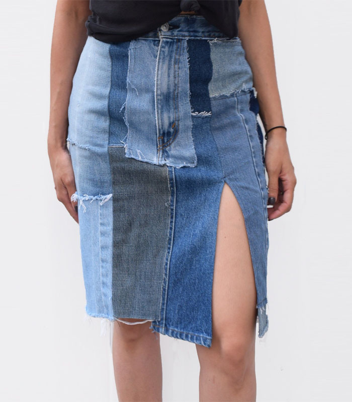 Upcycled Patchwork Denim Midi Skirt with Color-Blocking & Front Slit