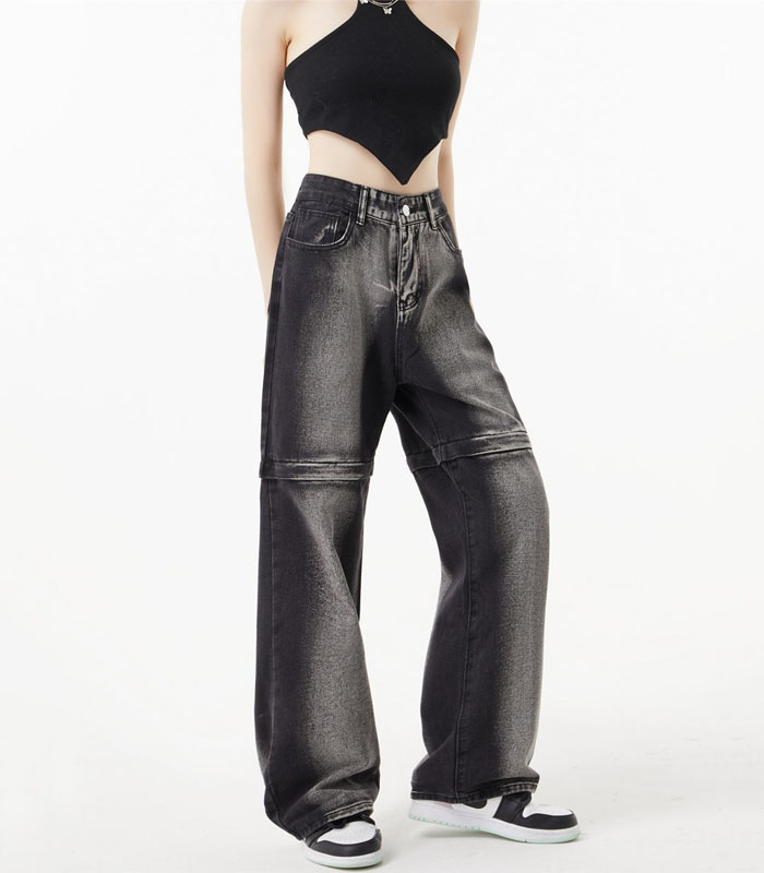 Women's Vintage Gray Distressed Washed Wide-Leg Jeans – Retro 90s Relaxed Fit Denim with Ripped Details