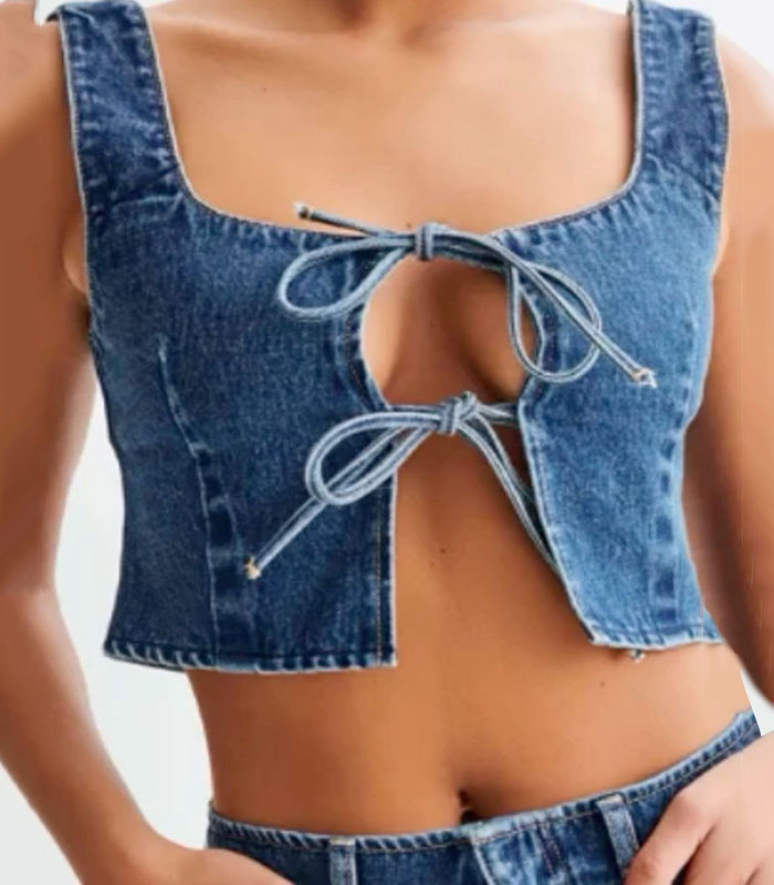 Boho-chic lace-up bustier denim vest