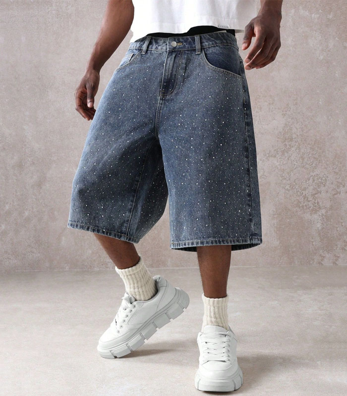 Sparkling Galaxy Denim Culotte Shorts Wide Leg Baggy Blue Jeans Shorts Mid Calf Length Summer Festival Urban Streetwear Oversized Baggy
