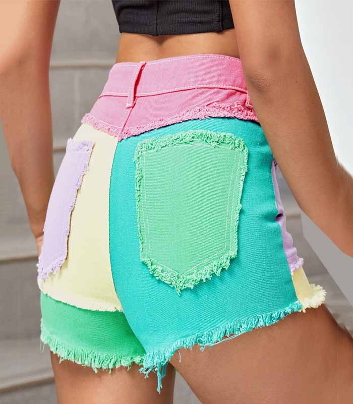 High Waist Color Block Raw Trim Denim Shorts