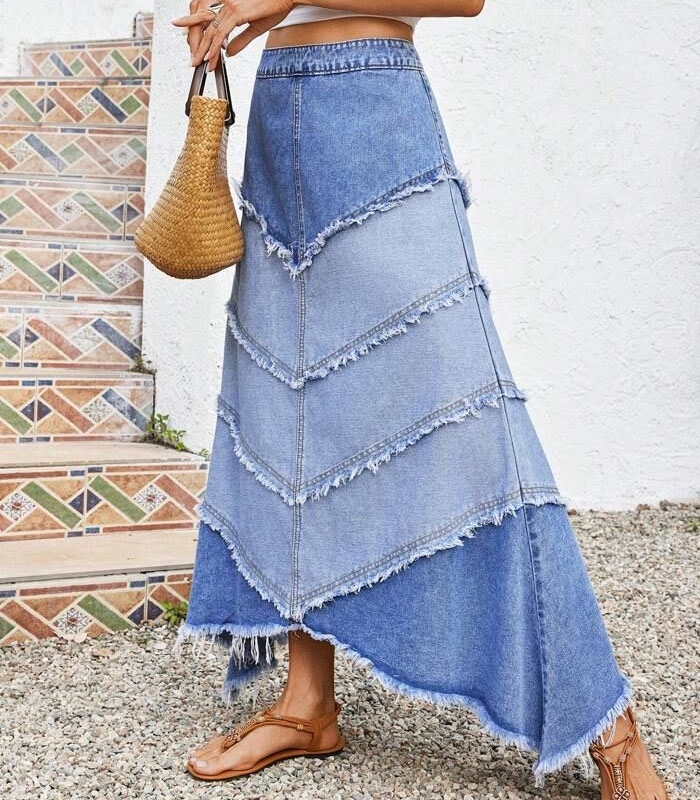 Women's Long Denim Patchwork Skirt, Casual Holiday Style, Blue