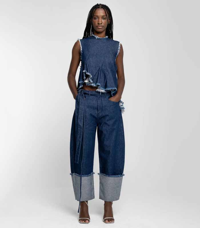 Women's Indigo Raw-Edge Vest & Wide-Leg Denim Set
