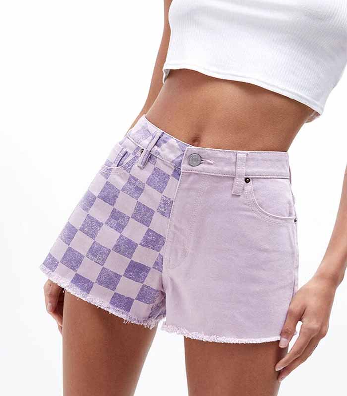Violet High-Waisted Raw-Edge Shorts with Geometric Patchwork