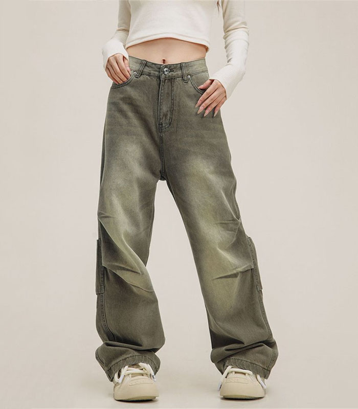 aesthetic Women's Fold Design Neutral Style Green Jeans