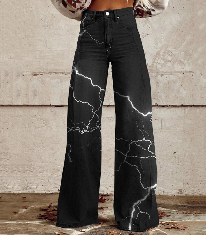 Thunder And Lightning Pattern Women's Printed Casual Wide Leg Pants Black