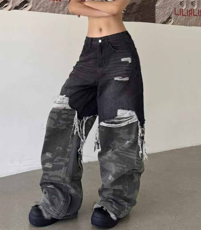 Streetwear Baggy Stacked Ripped Jeans Pants For Women Clothing Retro Camouflage