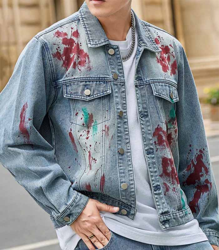 Men's Contrast Graphic Print Button Front Pocket Long Sleeve Denim Jacket