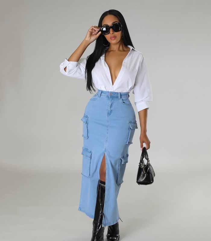 Aged Carpenter Denim Maxi Skirt with Multiple Pockets