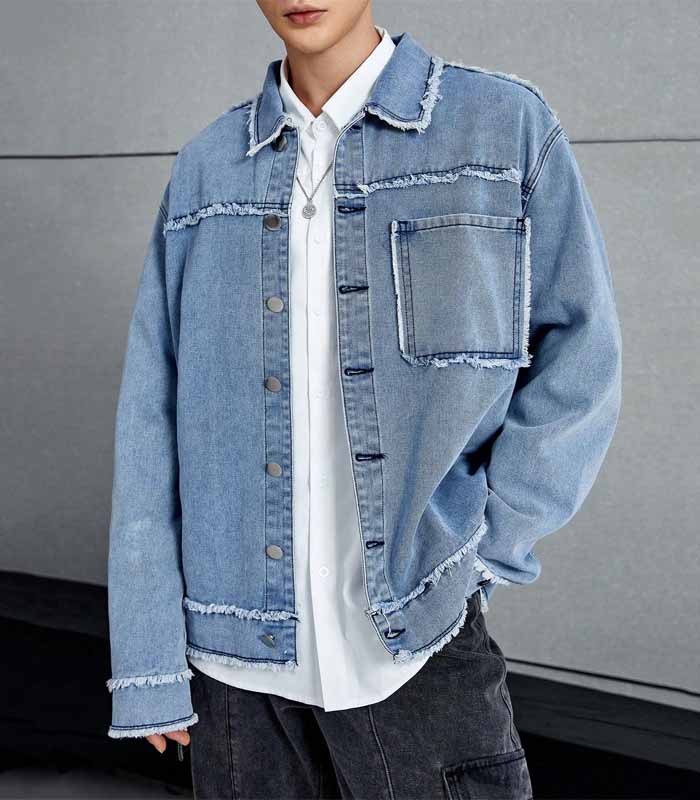 Men’s Distressed Denim Shirt – Patch Pocket & Frayed Hem Design