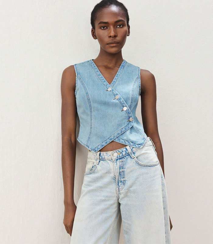 Women's Light Blue Denim Top Retro Vest Casual Western Cowboy Outfit