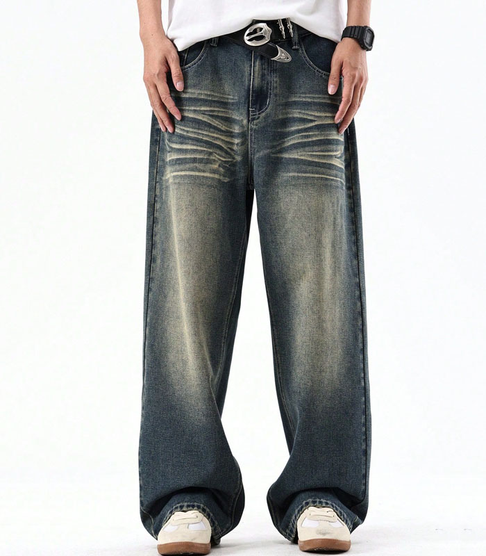 Vintage Style Men's Blue Retro Washed Loose Wide Leg Baggy Jeans Straight Leg Loose Jeans