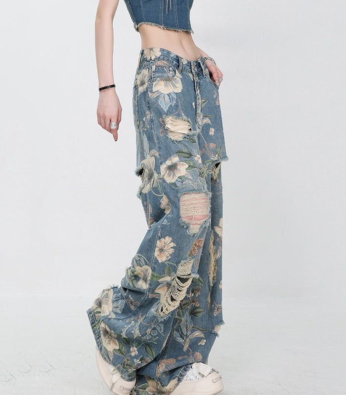 Unique Blue Print Hole High Waist Heavy distressing Denim Pants Summer