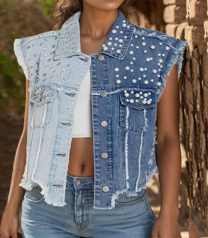 Pearl Detail Raw Hem Button Up Denim Vest