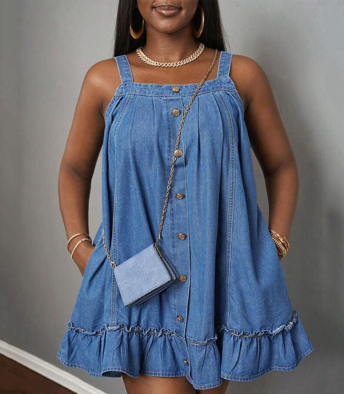 Plus-size Washed Denim Flounce Hem Babydoll Dress in Solid Color