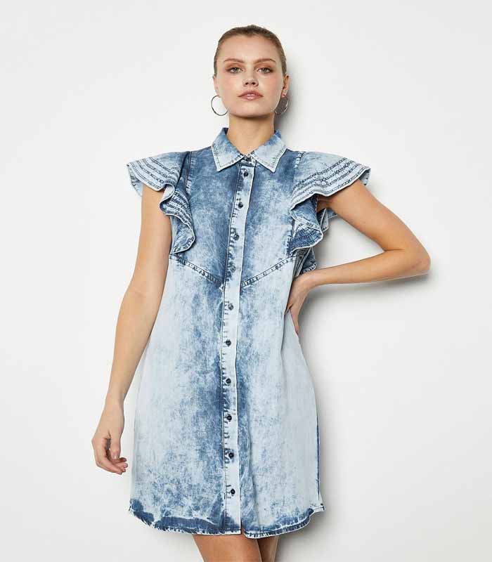 Soft Acid Wash Frill Sleeve Dress