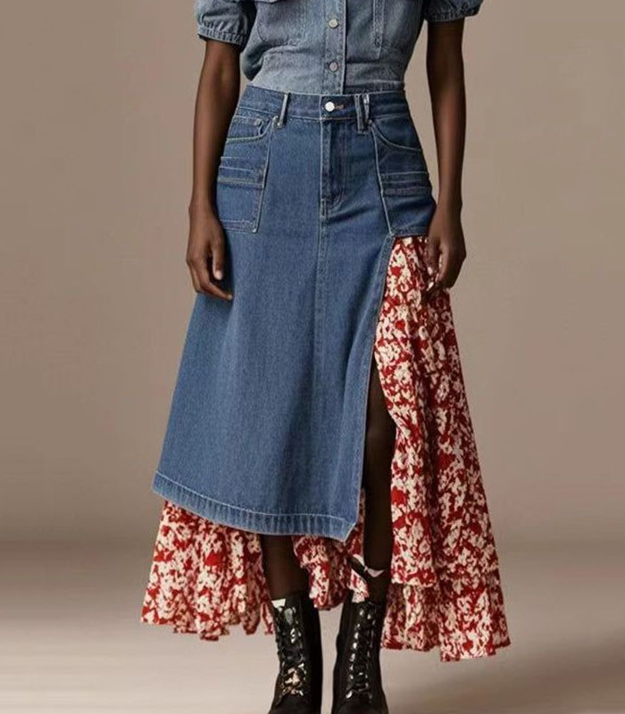 Bohemian Blue Asymmetrical Patchwork Print Denim Skirt Spring