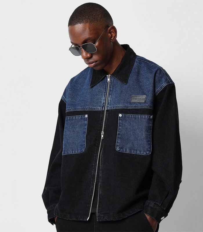 Oversized Patchwork Denim Jacket with Zip Front