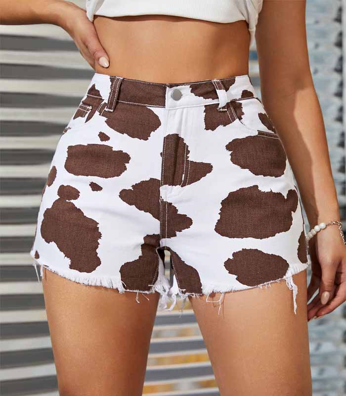 igh Waist pringting Cow Print Raw Hem Denim Shorts