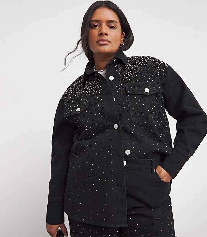 Women’s Black Crystal-Studded Denim Shirt