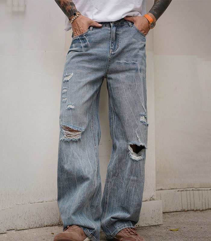 4-Season Solid Blue Color Distressed Vintage Men's Denim Jeans