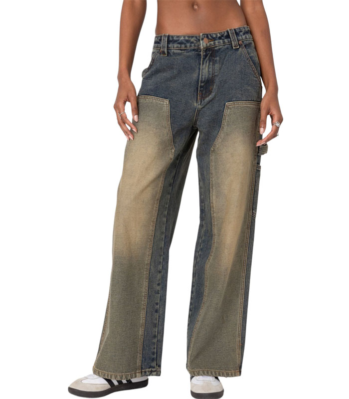 EDIKTED Contrast Panel Low-Rise Baggy Jeans in Blue-Washed at Nordstrom, Size Large