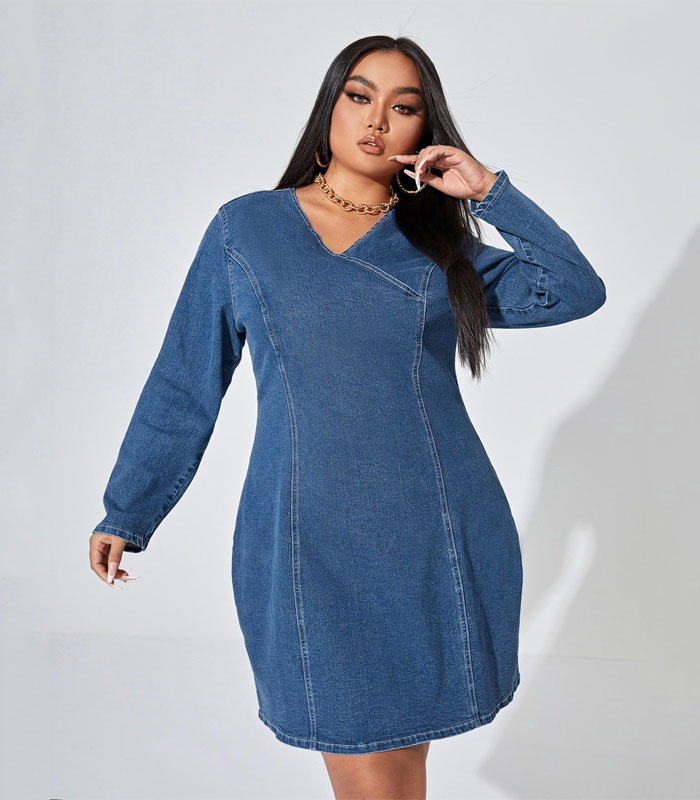 Plus size V Neck Denim Dress
