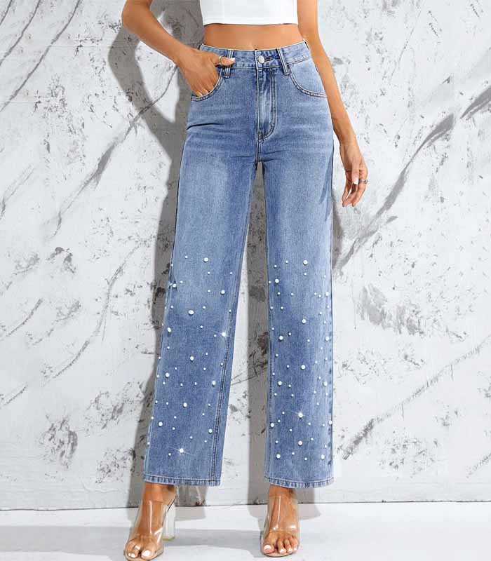 Pearls Beaded Straight Leg Jeans
