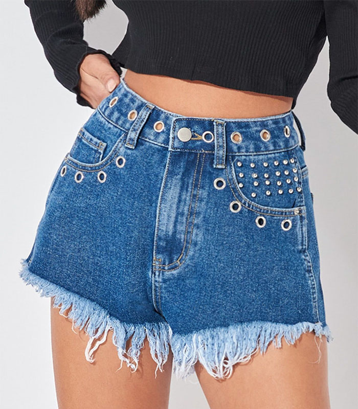 Eyelet Detail High Waist Raw Hem Denim Shorts