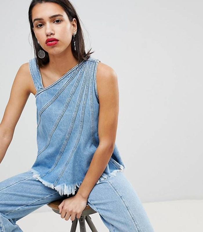 Asymmetric One-Shoulder Denim Vest with Contrast Topstitching & Raw-Edge Hem