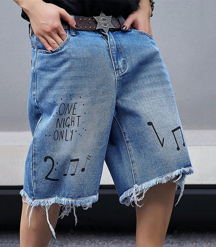 Men's Distressed Washed Streetwear Letter Print Fashion Denim Shorts