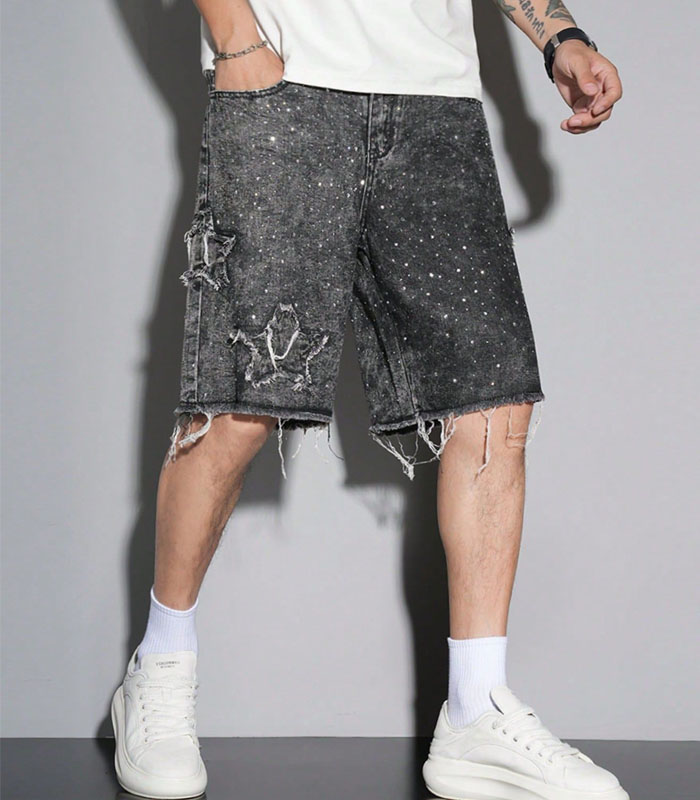 Men's Star Patch Embroidered Distressed Raw-Hem Loose Fit Casual Denim Shorts