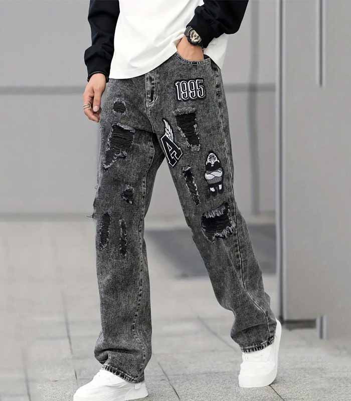 Men's Fashion Distressed Embroidery Pattern Denim Jeans