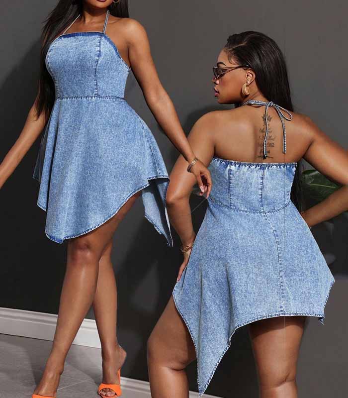 Plus Size Women Navy Blue Denim Halter Short Summer Dresses