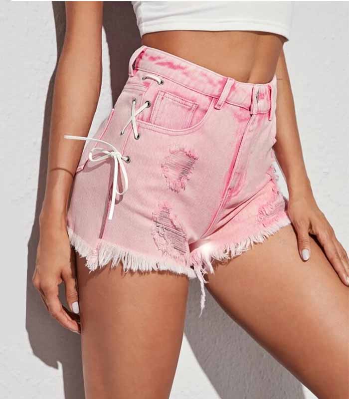 Ladies' light wash pink jean shorts stretch fit