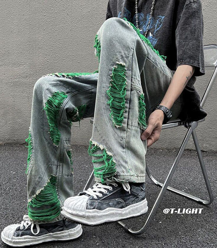 New Vintage Men's Hole Jeans Streetwear Design Loose Straight Denim Pants Male Hip Hop Casual Trousers - Green