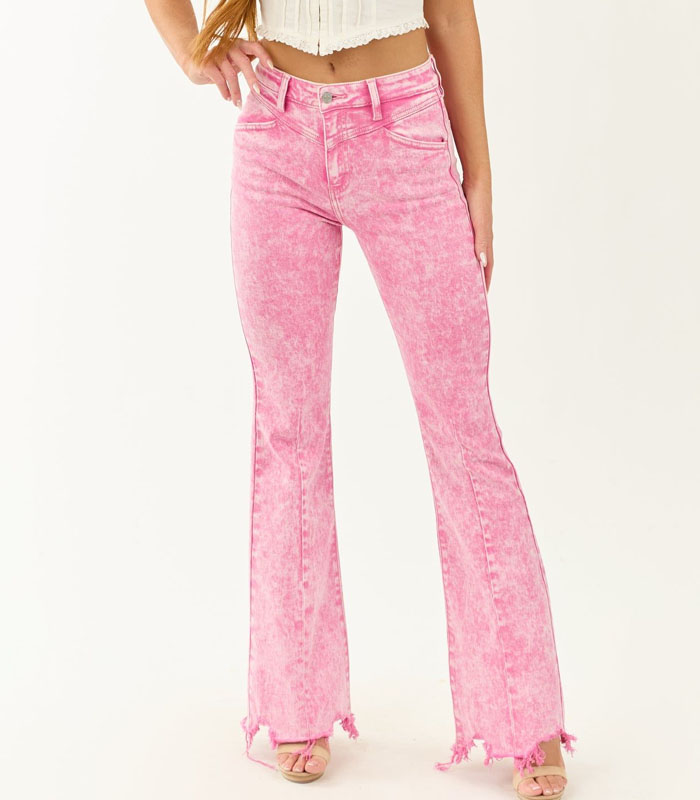 Acid-wash Elastic Pink Bell-bottom Jeans