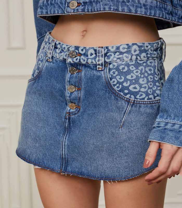 printed denim mini skirt for a retro