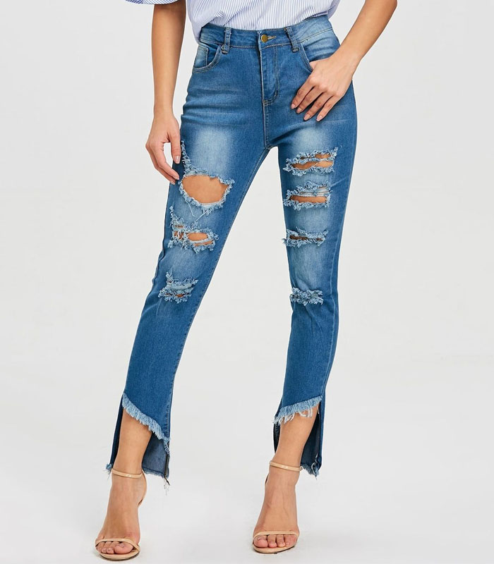 Women’s High-Waisted Distressed Skinny Cropped Jeans – Raw Edge & Ripped Details