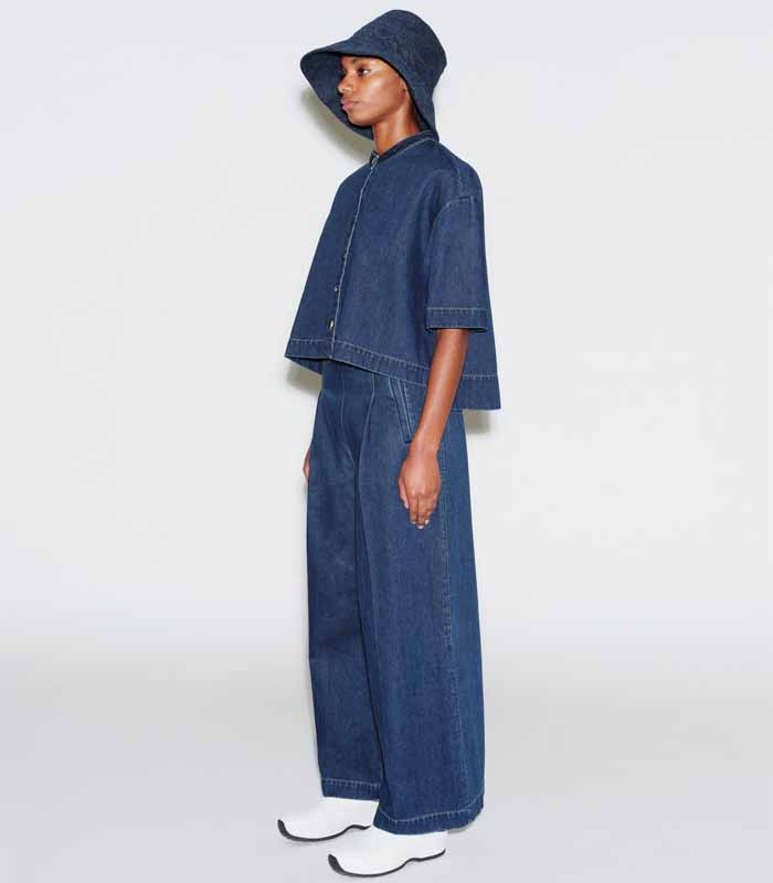 Women's Dark Blue High-Waisted Wide-Leg Casual Denim Set