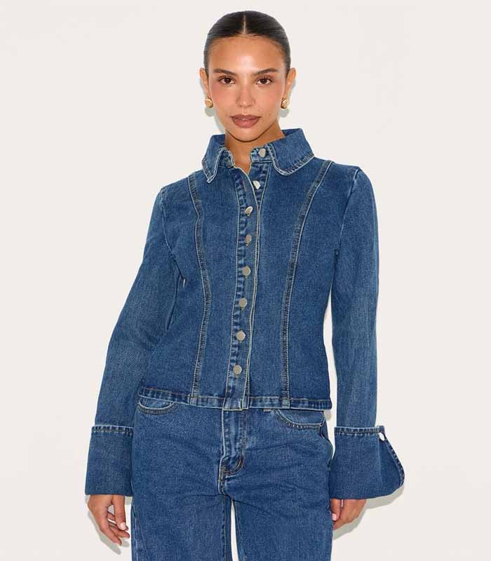 Petite Mid Blue Wash Long Sleeve Fitted Denim Shirt