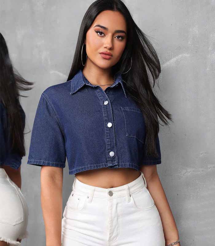 Women's Button-Up Short Sleeve Cropped Denim Top With Elegant Charm