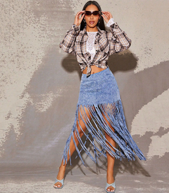 Fringe Hem Stretch Denim Short Skirt, Boho, Brunch Outfits For Women, Spring Outfit, Summer Outfit, Western